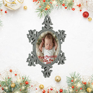 Baby Photo First Christmas Personalise Snowflake Pewter Christmas Ornament