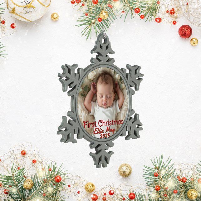 Baby Photo First Christmas Personalise Snowflake Pewter Christmas Ornament (Creator Uploaded)