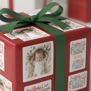 Baby Photo First Christmas Red Personalise Square Sticker
