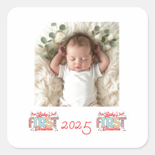 Baby Photo First Christmas Red Personalise Square Sticker