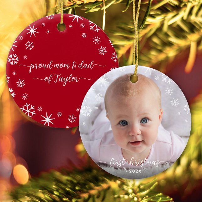 Baby Photo First Christmas Snowflakes New Parents Ceramic Ornament (Creator Uploaded)