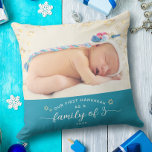 Baby Photo First Hanukkah Family of 3 Star David Cushion<br><div class="desc">“Our First Hanukkah as a family of 3.” A playful visual of champagne gold Stars of David and snowflakes overlaying the photo of your choice and white handwritten script typography with customised year over soft, teal blue, helps you usher in Hanukkah. On the back, additional champagne gold snowflakes and personalised...</div>