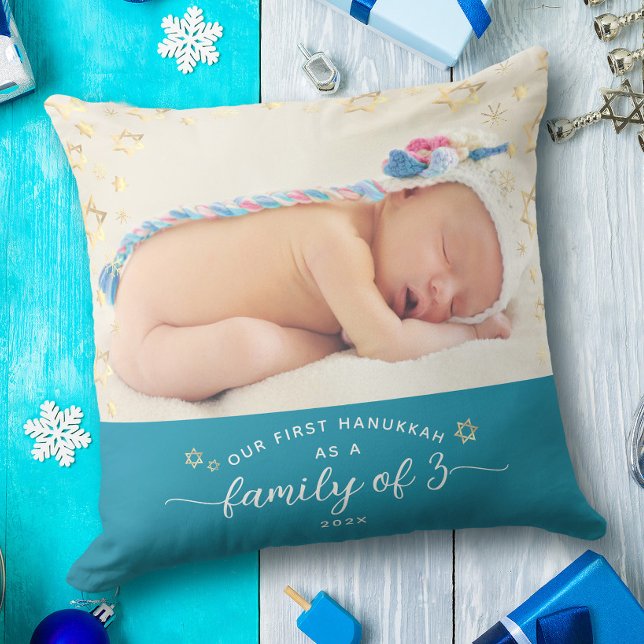 Baby Photo First Hanukkah Family of 3 Star David Cushion (Creator Uploaded)