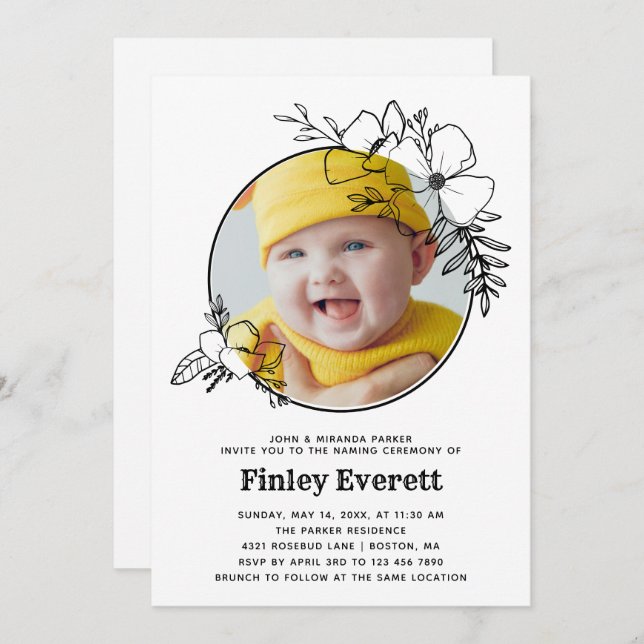 Baby Photo Floral Frame Naming Ceremony Invitation (Front/Back)
