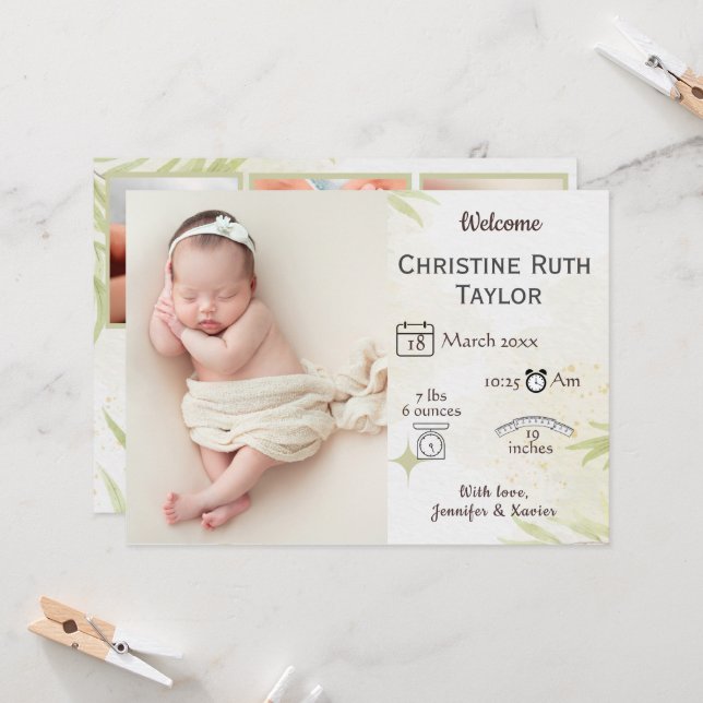 Baby Photo & golden leaves birth announcement card (Front/Back In Situ)