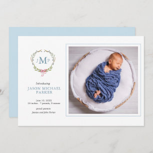Baby photo Greenery monogrammed Announcement