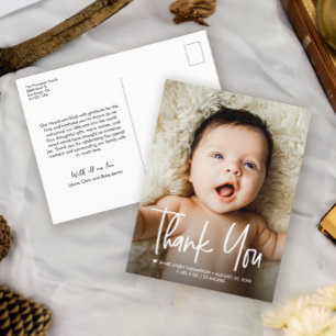 Baby Photo Handlettering Thank you Modern Birth Announcement Postcard