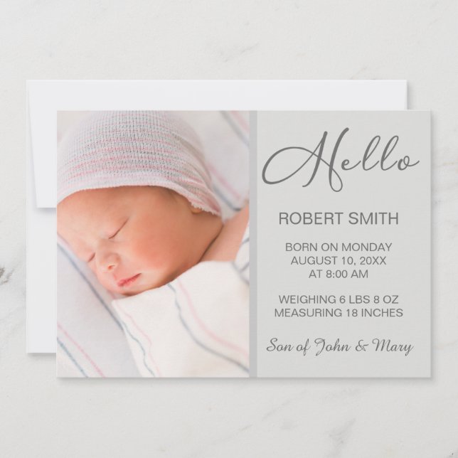 Baby Photo Hello Script Birth Announcement (Front)