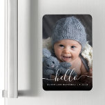 Baby Photo Hello White Script Birth Announcement Magnet<br><div class="desc">Celebrate the arrival of your newest family member with this keepsake flexible magnet, featuring the word "hello" in elegant write handwriting script with swashes at the beginning and end. Personalise it with baby's name and birth date, and replace the sample image with your favourite baby photo. A black gradient filter...</div>