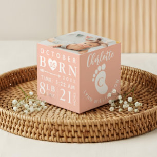 Baby Photo Keepsake & Birth Stats Pink Monogram Cube