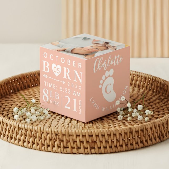 Baby Photo Keepsake & Birth Stats Pink Monogram Cube (Baby Photo Keepsake & Birth Stats Pink Monogram Cube)