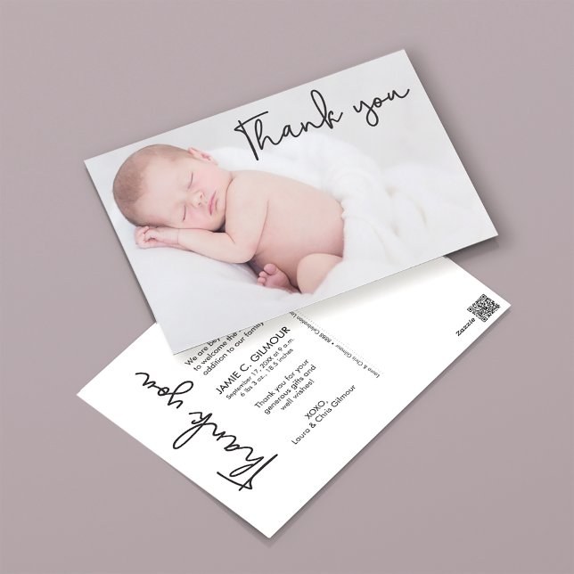 Baby Photo Modern Birth Announcement simple script Postcard (Baby birth announcement, modern, minimal photo postcard.)
