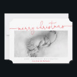 BABY PHOTO modern calligraphy merry Christmas red Holiday Card<br><div class="desc">by kat massard >>> kat@simplysweetPAPERIE.com <<< Send and extra special message with style and pizzazz this year... Personalised with your details & photos my modern holiday products are sure to stand out from the flurry of greetings your friends and family will receive this season and will make a special memento...</div>