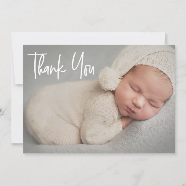 Baby Photo Modern Handlettering script Birth Thank You Card (Front)