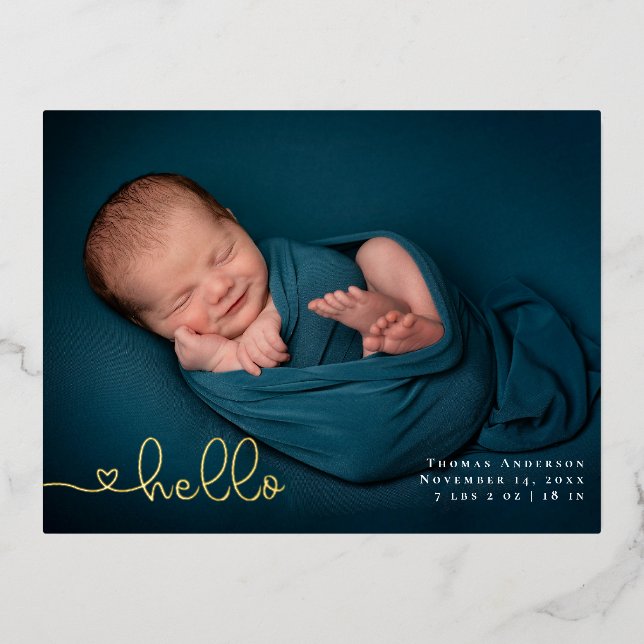 Baby Photo Modern Heart Calligraphy Birth Foil Holiday Postcard (Front)