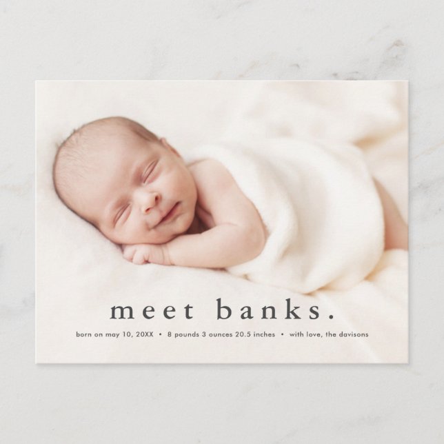 Baby photo modern name birth announcement postcard (Front)
