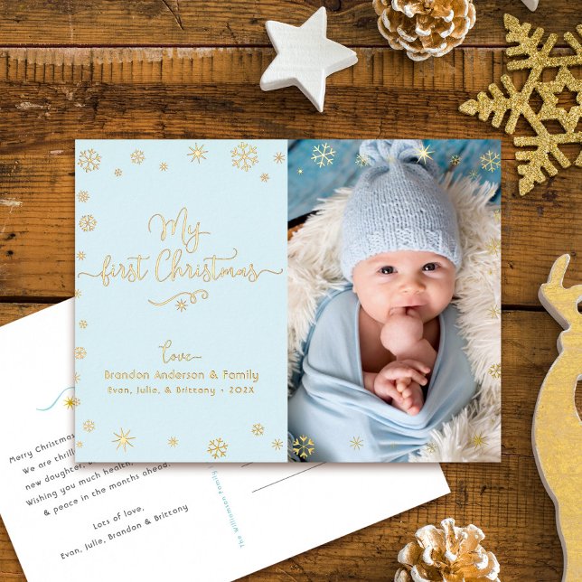 Baby Photo My First Christmas Aqua Blue Real Gold Foil Holiday Postcard (Creator Uploaded)