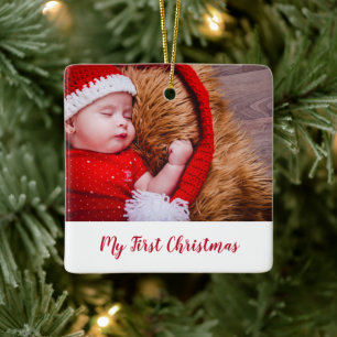 Baby Photo My First Christmas Red Script Ceramic Ornament