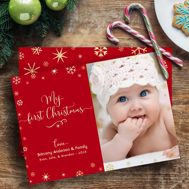 Baby Photo My First Christmas Snowflakes Real Gold Foil Holiday Card (Creator Uploaded)
