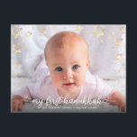 Baby Photo My First Hanukkah Script Star of David Holiday Postcard<br><div class="desc">“My First Hanukkah.” A playful visual of champagne faux gold foil Stars of David, snowflakes and white handwritten script typography overlaying the photo of your choice, help you usher in Hanukkah and New Year. Your custom note, typed or handwritten, is on the back. Feel the warmth and joy of the...</div>