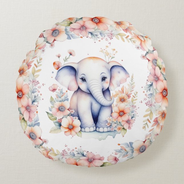Baby Photo, Name and Birth Date Elephant Themed Round Cushion (Front)