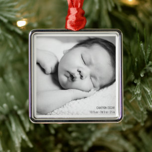 Baby Photo Name Birth Stats Modern Minimalist Metal Ornament
