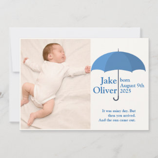 Baby Photo, Name, Date, Blue Umbrella Announcement