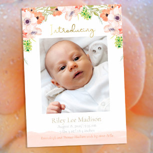 Baby Photo Peach Floral Modern Birth Announcement
