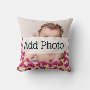 Baby Photo Pink and Gold Glitter Heart Modern love Cushion