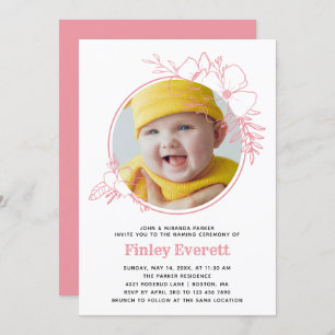 Baby Photo Pink Floral Frame Naming Ceremony Invitation
