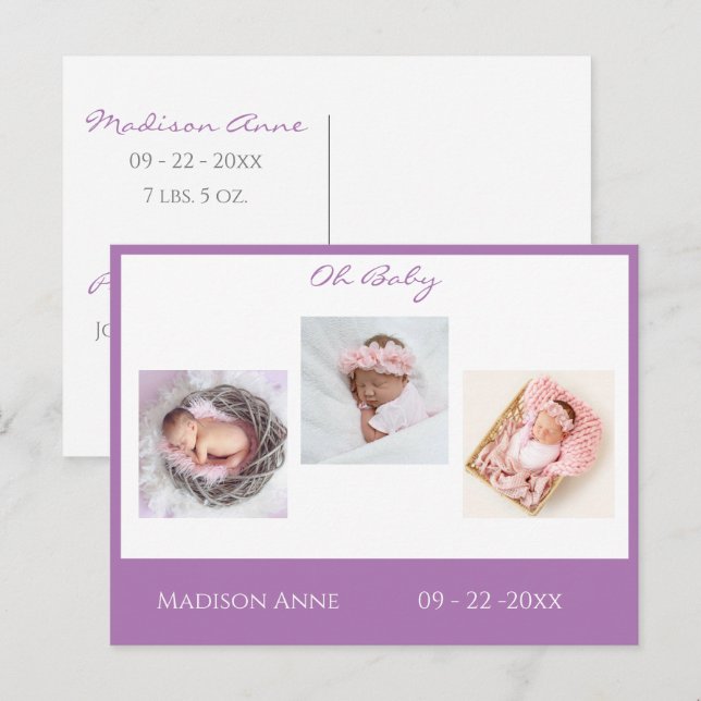 Baby Photo Purple Girl Script Stats Birth Announcement Postcard (Front/Back)