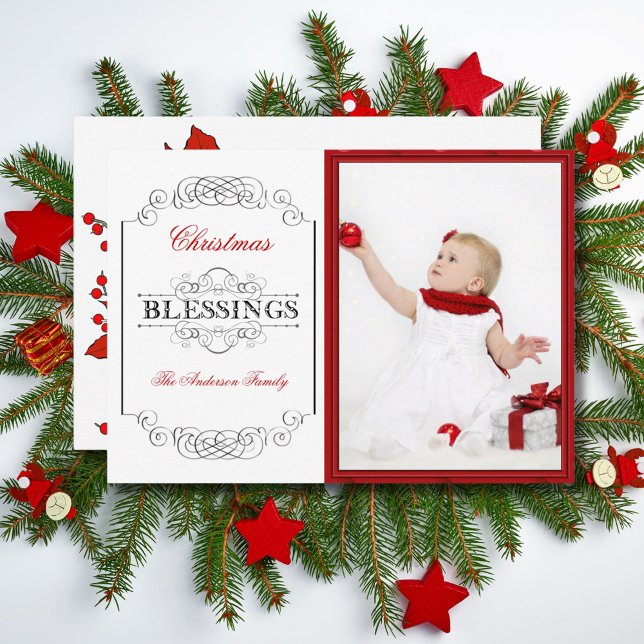 Baby Photo Red Frame Christmas Blessings Quote Holiday Card (Creator Uploaded)