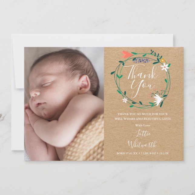 Baby Photo Rustic Boho Floral Thank You Birth Announcement (Front)