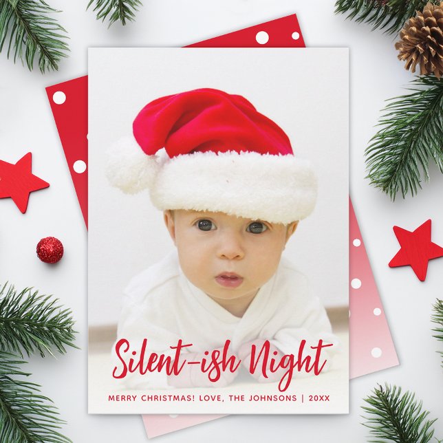 Baby Photo Silent-ish Night Red Funny Christmas Holiday Card (Creator Uploaded)