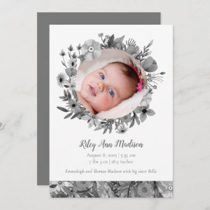 Baby Photo Spring Modern Grey Floral Announcement