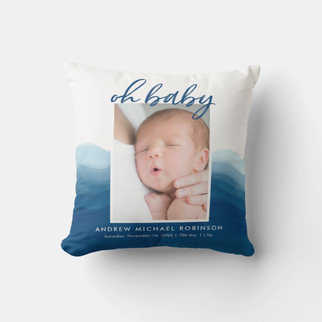 Baby Photo Stats Blue Ombre Watercolor Cushion (Front)