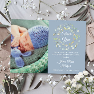 Baby Photo Thank You Greenery Dusty Blue Birth Announcement