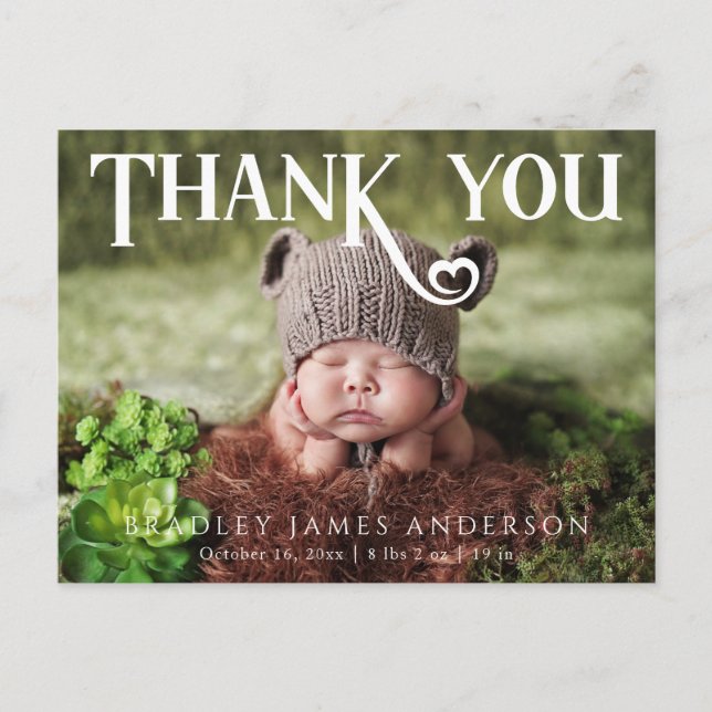 Baby Photo Thank You Modern Heart Birth Announceme Announcement Postcard (Front)