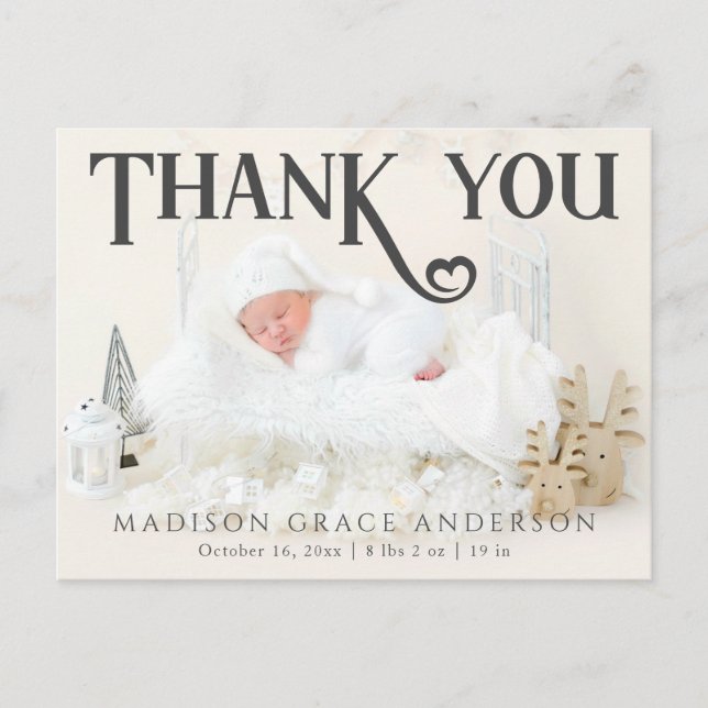 Baby Photo Thank You Modern Heart Birth Announcement Postcard (Front)