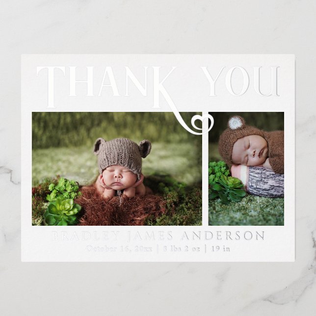 Baby Photo Thank You Modern Heart Birth Foil Invitation Postcard (Front)