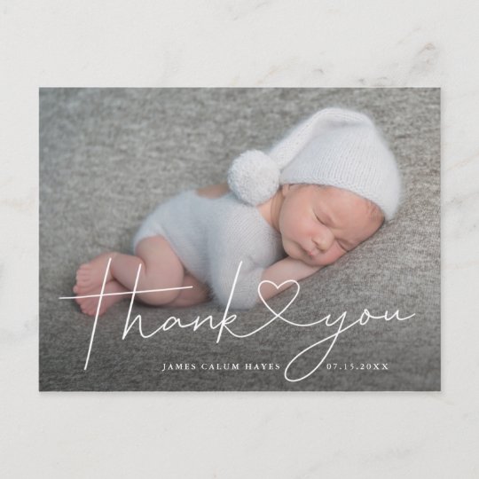 Baby Photo Thank You Script Heart Birth Announcement Postcard Zazzle