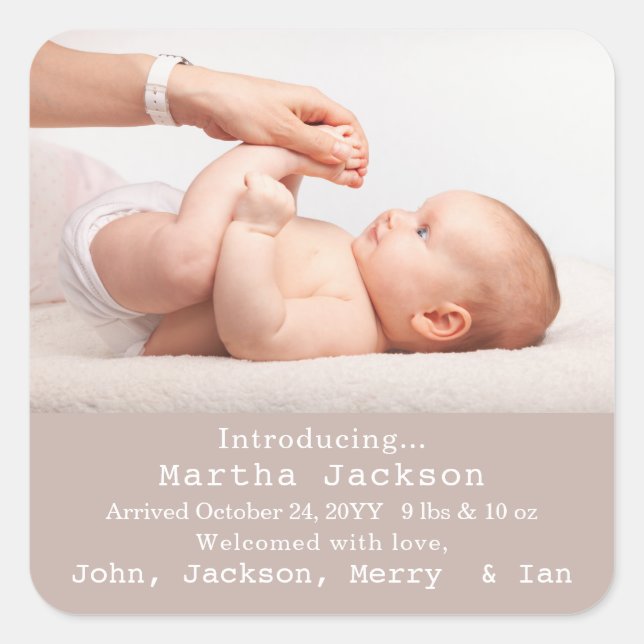 Baby Photo Typography Baby Birth Announcement  Square Sticker (Front)