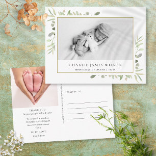 Baby Photo Watercolor Greenery Birth Thank You Po Postcard