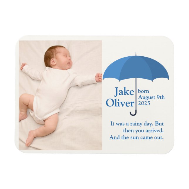 Baby Photo with Name and Date under Blue Umbrella  Magnet (Horizontal)