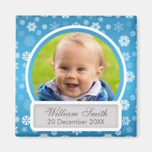 Baby Photo With Name & Date Winter Snowflake Blue Magnet