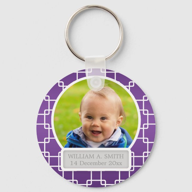 Baby Photo With Name Elegant Trellis Purple Key Ring (Front)