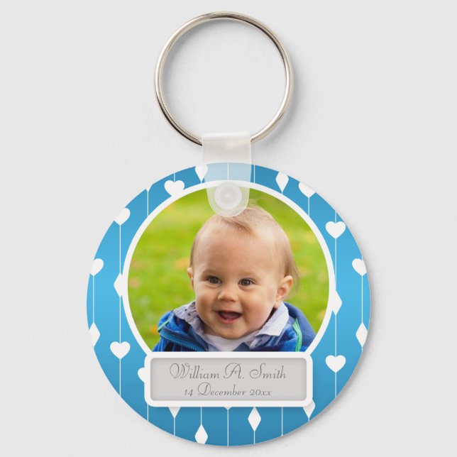 Baby Photo With Name Hearts & Diamonds Blue Key Ring (Front)