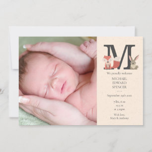 Baby Photo Woodland Animals Monogram Birth Announcement