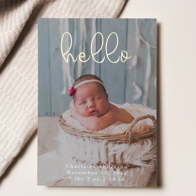 Baby Photos Modern Elegant Calligraphy Birth Foil Holiday Card (Creator Uploaded)