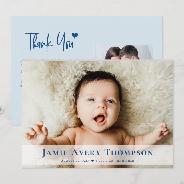 Baby Photos Thank you Heart Modern Blue Birth Announcement (Front/Back)